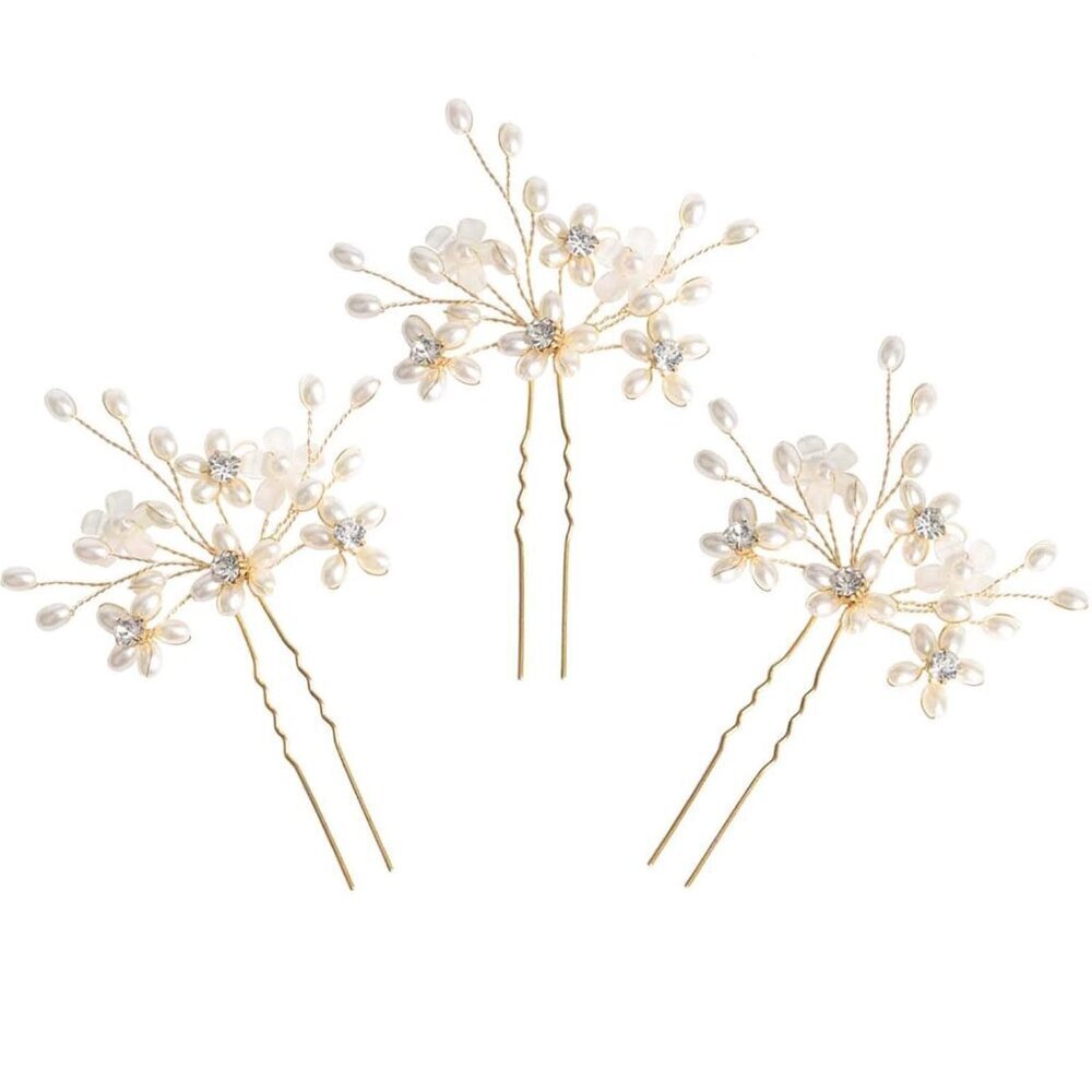 Wedding Hair Pins Set 3pcs Pearl Crystal Gold Elegant Hair Accessories for Women